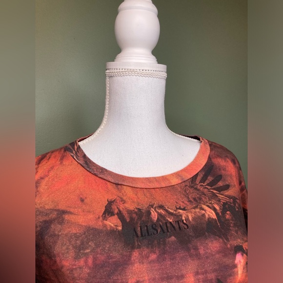 Allsaints graphic Tee Horses Eagle desert print XS/S Orange shirt womens - Picture 2 of 9